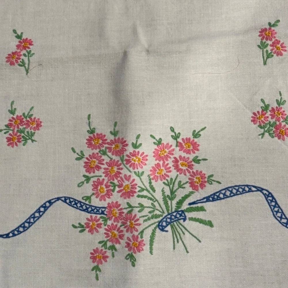 Vintage Embroidered Floral Table Runner‎ Pink Flowers Blue Ribbon Trim 40 x 16